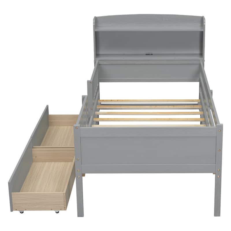 Wood Twin Size Platform Bed with LED Light, Multi-functional Headboard