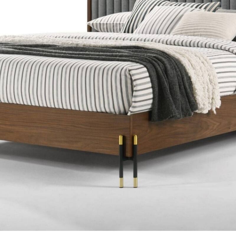 Noe Sia Queen Size Platform Bed, Channel Tufted Upholstery, Gray, Brown