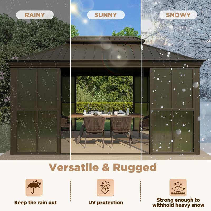 Hardtop Gazebo with Double Steel Roof, Sliding/Lockable Doors & Screens - All-Season Rustproof Aluminum Frame，Advanced Drainage