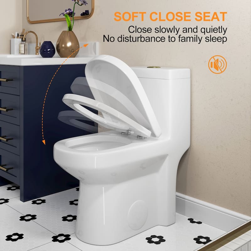1 Piece High Efficiency Dual Flush Toilet White 0.8 1.28 GPF Seat Included Brushed Gold Button
