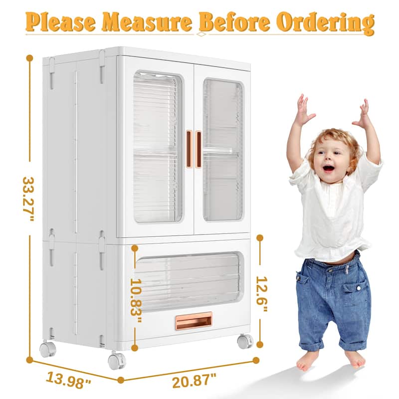 Javlergo 2-Door Plastic Storage Cabinet with Drawer & Wheels White Rolling Storage Organizer with Magnetic Doors for Living Room