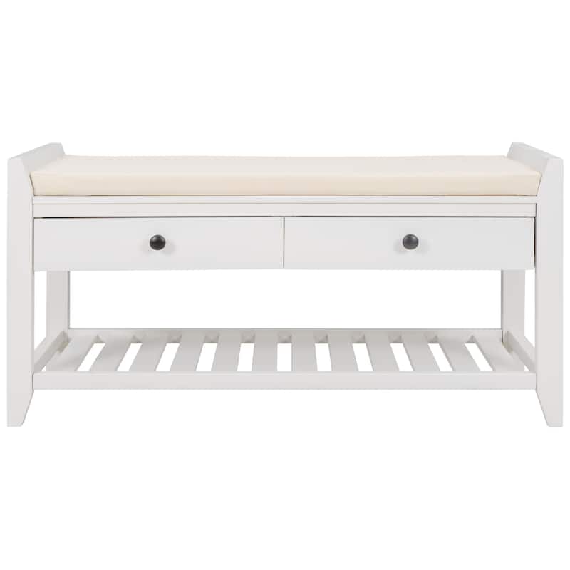 White Entryway Storage Bench with Cushioned Seat and Drawers