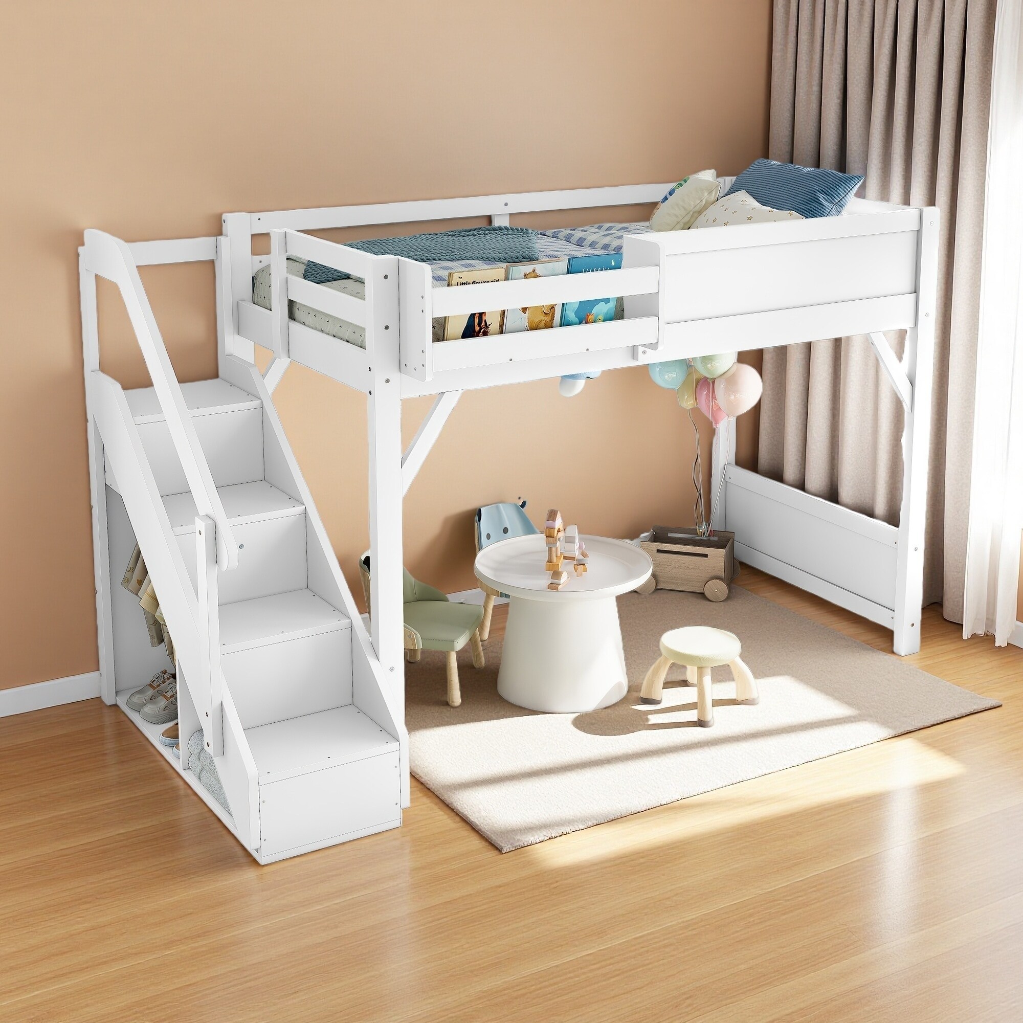 Twin Size Solid Wood Loft Bed with Built-in Wardrobe, Storage Space, Bedside Shelves, Full-Length Guardrails and Stairs