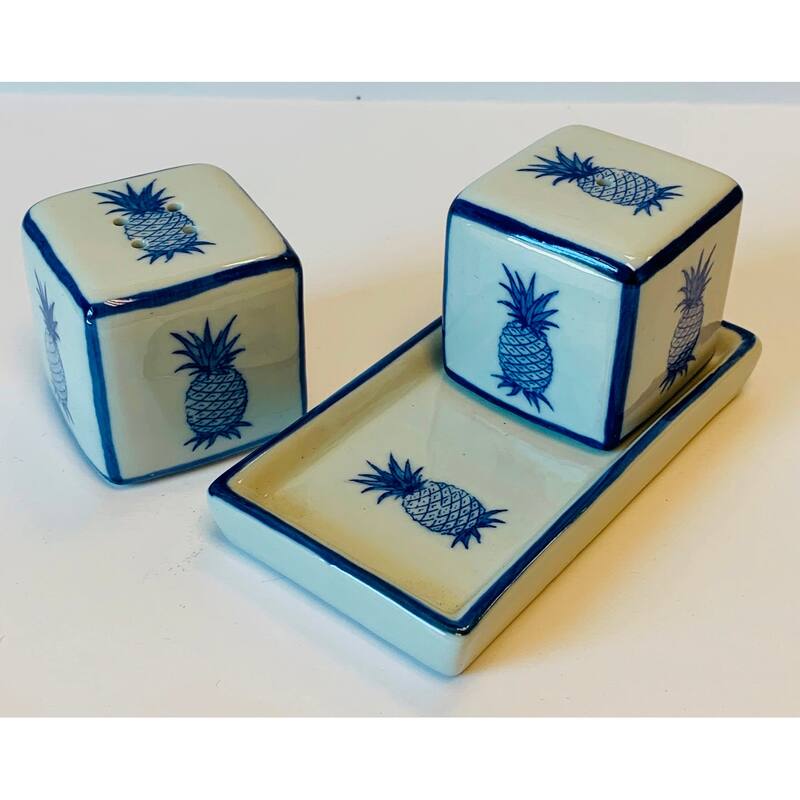 Pineapples Salt and Pepper Shakers with Tray Porcelain Blue and White