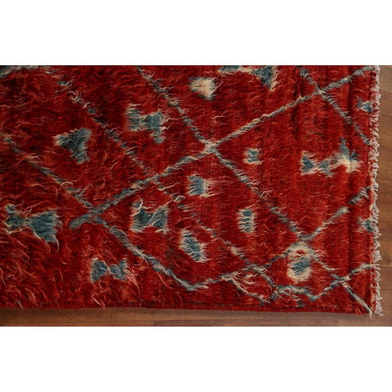 Hand Knotted Oriental 100% Wool Carpet Modern Tribal Red Moroccan Area Rug - 9' 9'' X 6' 5''