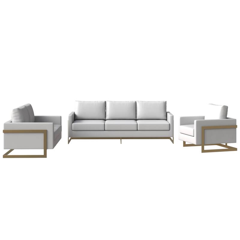 3-Piece Leather Sofa Set with Gold Stainless Steel Base and Removable Cushions