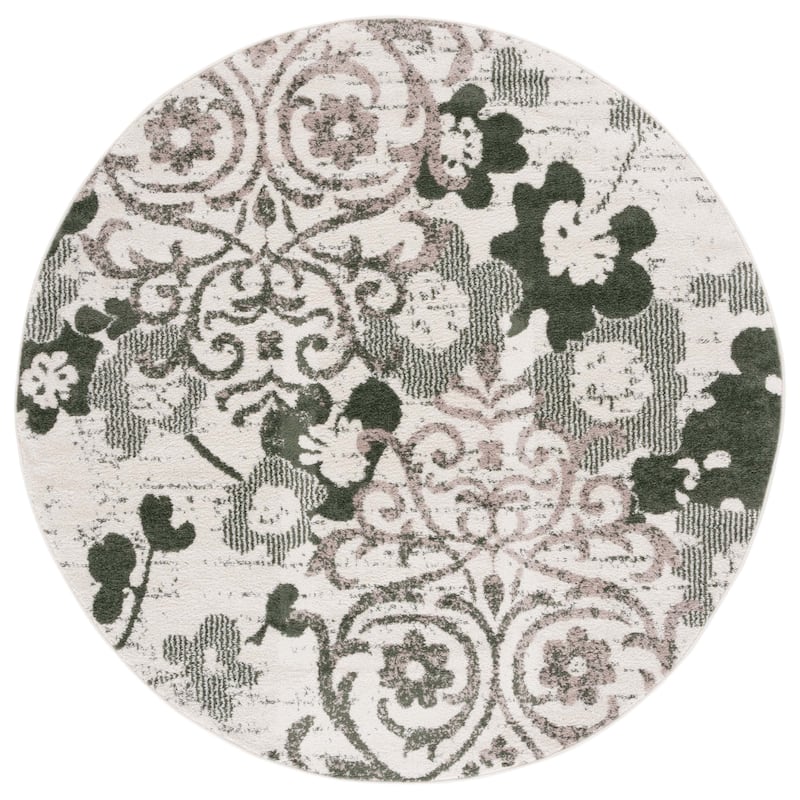 SAFAVIEH, Adirondack Rena Damask Floral Distressed Rug - 6' Round - Ivory/Dark Green