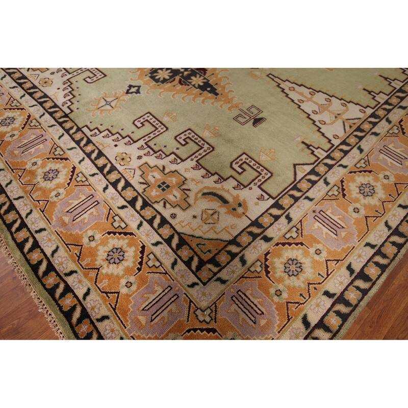 Light Green Geometric Viss Large Indian Rug Hand-Knotted Wool Carpet - 11'10"x 17'11"