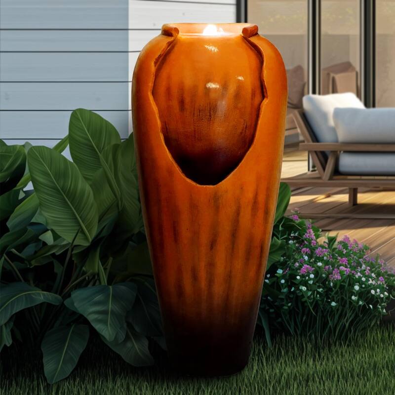 30.7" High Concrete Jar Water Fountain Outdoor, Garden Vase Water Feature - 30.7"H - Orange