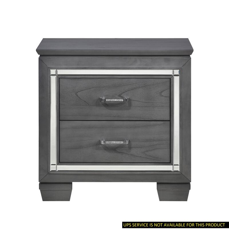 Glamorous Gray Nightstand, 2 Drawers, LED Lighting, Faux Crystals, Bar Pulls