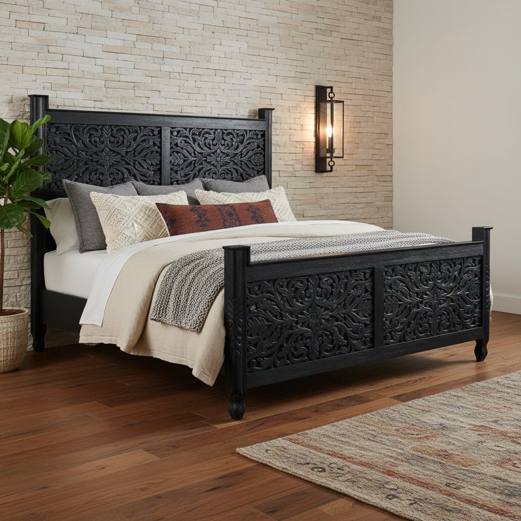 HomeRoots Carved Solid Wood King Black Bed
