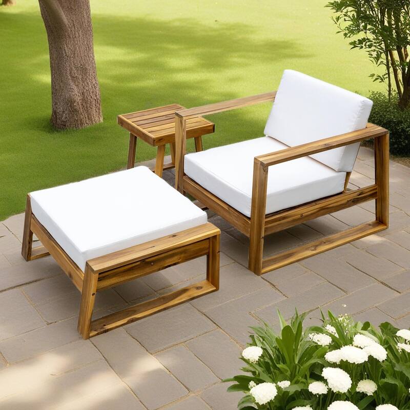 3-Piece Outdoor Acacia Wood Lounge Set with Chair, Ottoman, and Side Table - Natural+Beige