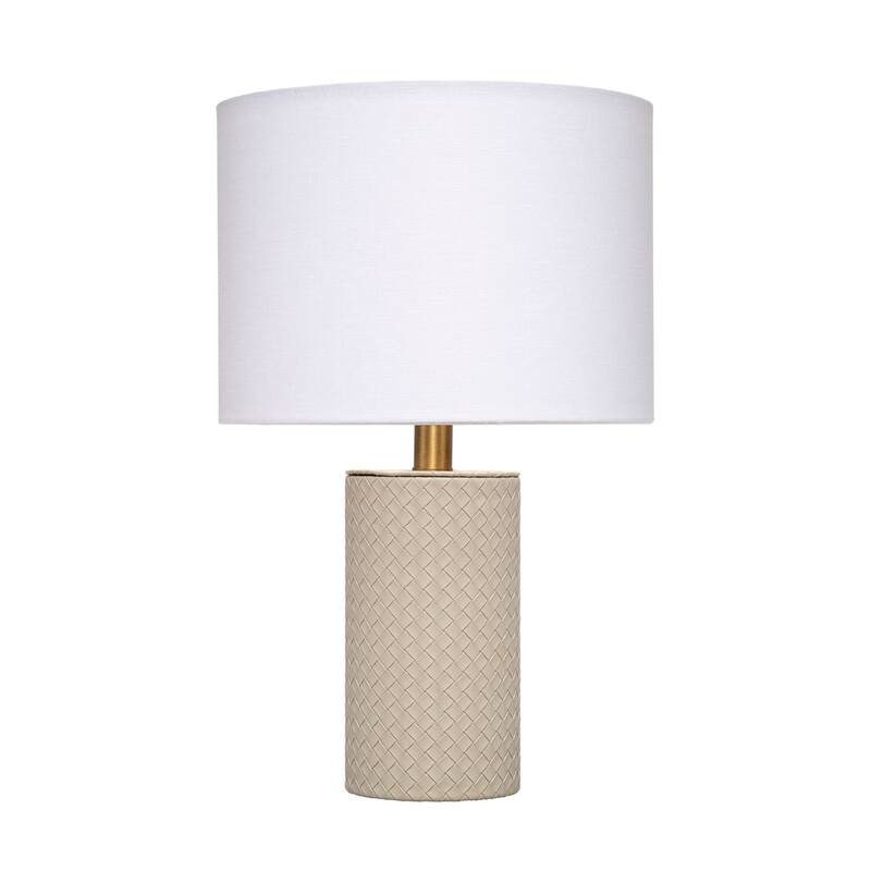 Myn Table Lamp, 18 Inch, White Linen Drum Shade, Gray Leather Base