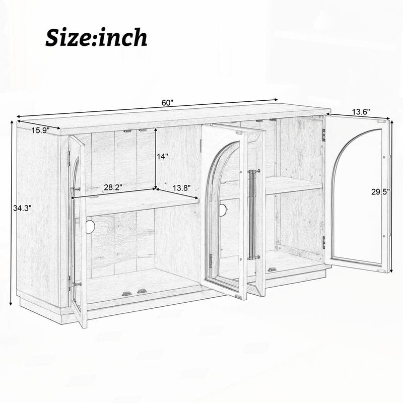 4-Door Large Storage Sideboard Buffet Cabinet with Glass Doors