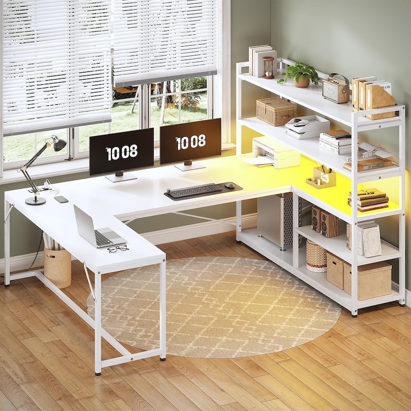 L Shaped Desk Gaming Desk 3 Fabric Drawers 5 Storage Shelves - Storage Shelves White