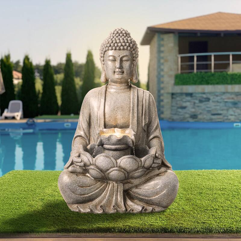 Glitzhome Polyresin Meditating Buddha Frog/Elephant Statue Outdoor Water Fountain with LED Lights - Grey - 28.25"H Buddha