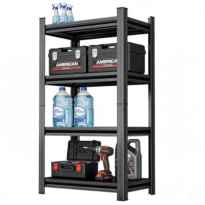 4 Layer Garage Storage Rack, Heavy-Duty Shelving, Adjustable Metal Dividers, Black, Requires Assembly