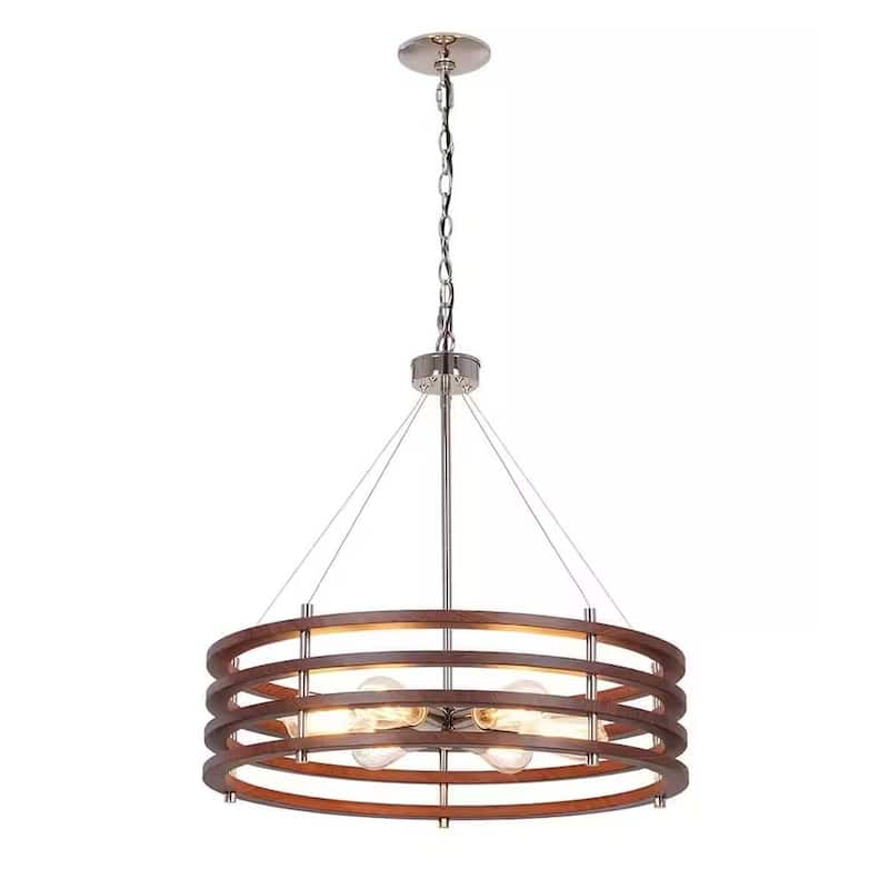 Catalina 24"W 6-Light Polished Nickel Drum Modern Pendant Mahogany Wood Finish Shade - N/A - Polished Nickel