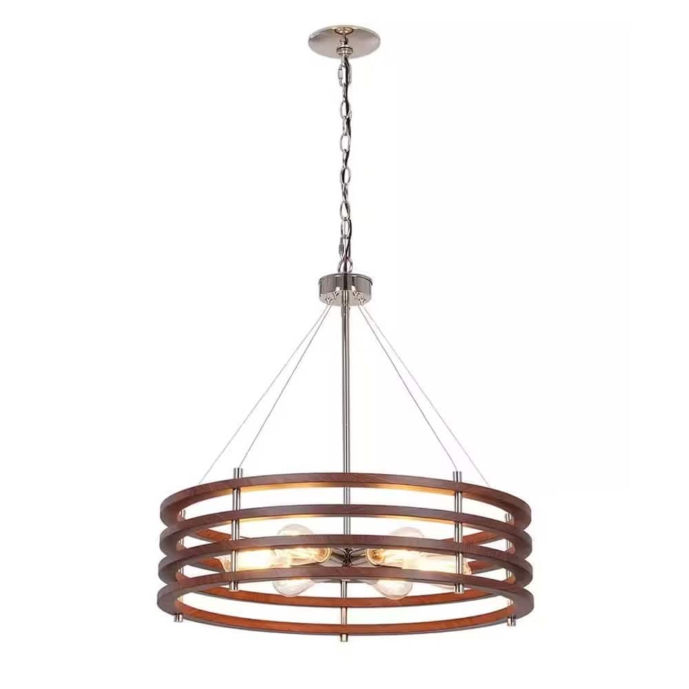 Catalina 24"W 6-Light Polished Nickel Drum Modern Pendant Mahogany Wood Finish Shade - N/A