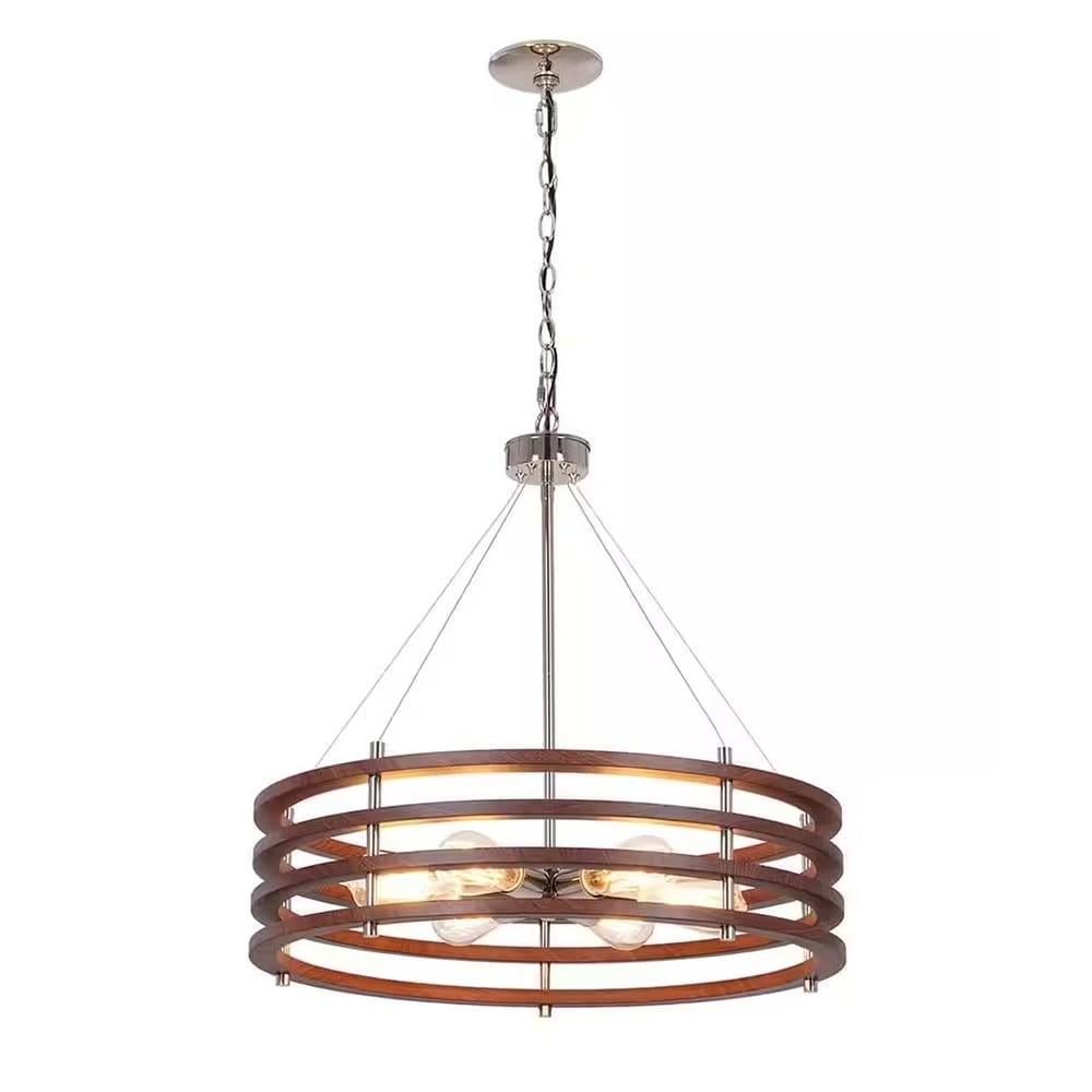 Catalina 24"W 6-Light Polished Nickel Drum Modern Pendant Mahogany Wood Finish Shade - Polished Nickel
