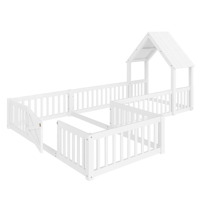 Montessori Floor Bed for Toddler Kids, L Shape House Bed with Door and Guardrails, Double Bed Frame Design for Sleeping and Play