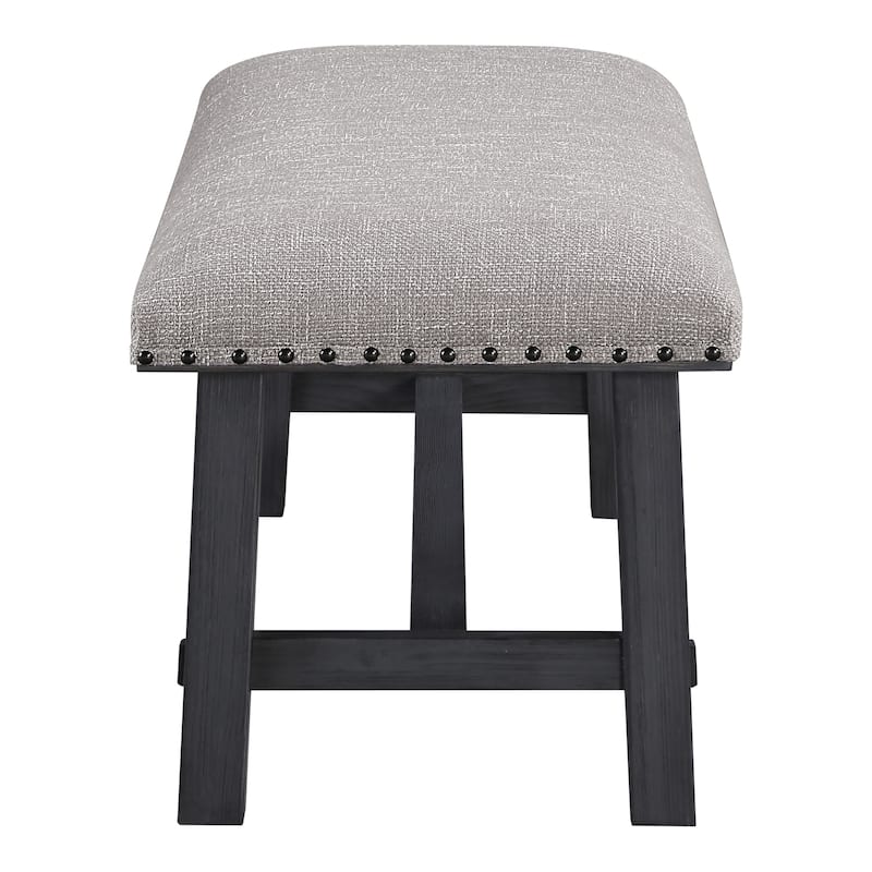 OS Home and Office Furniture Callen Bench with Antique Grey Frame and Antique Bronze Nailhead Trim in Grey Fabric