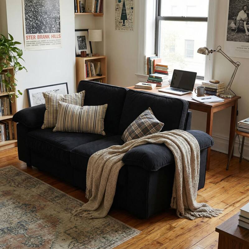 Roomfitters Modern Overstuffed Upholstered Sofa with Hidden Storage and Padded Arms, Comfy Loveseat for Small Space