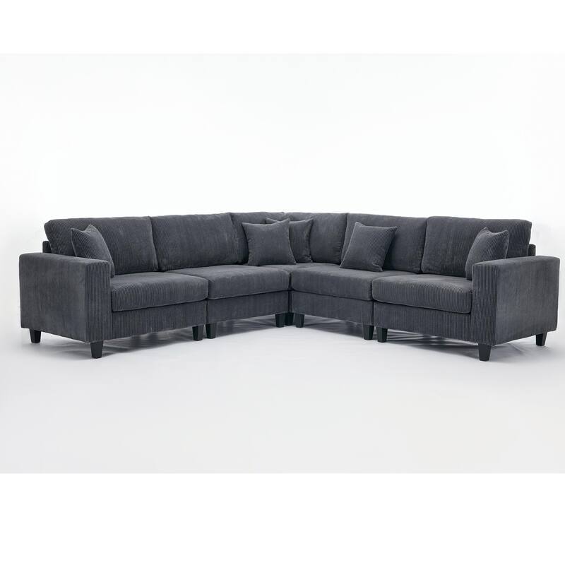 Oversized Modular Sectional Sofa Set, L Shaped, Corduroy Upholstered, 5 Seat, Gray