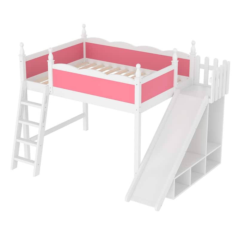Full Loft Bed with Storage Shelves and Wardrobe, Solid Wood Loft Beds with Detachable Slide and Ladders, No Spring Box Needed