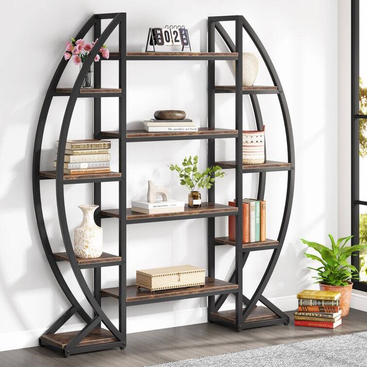 Industrial Bookshelf, Oval Triple Wide 5 Tiers Etagere Bookcase - 11.81"D x 55.11"W x 69.68"H