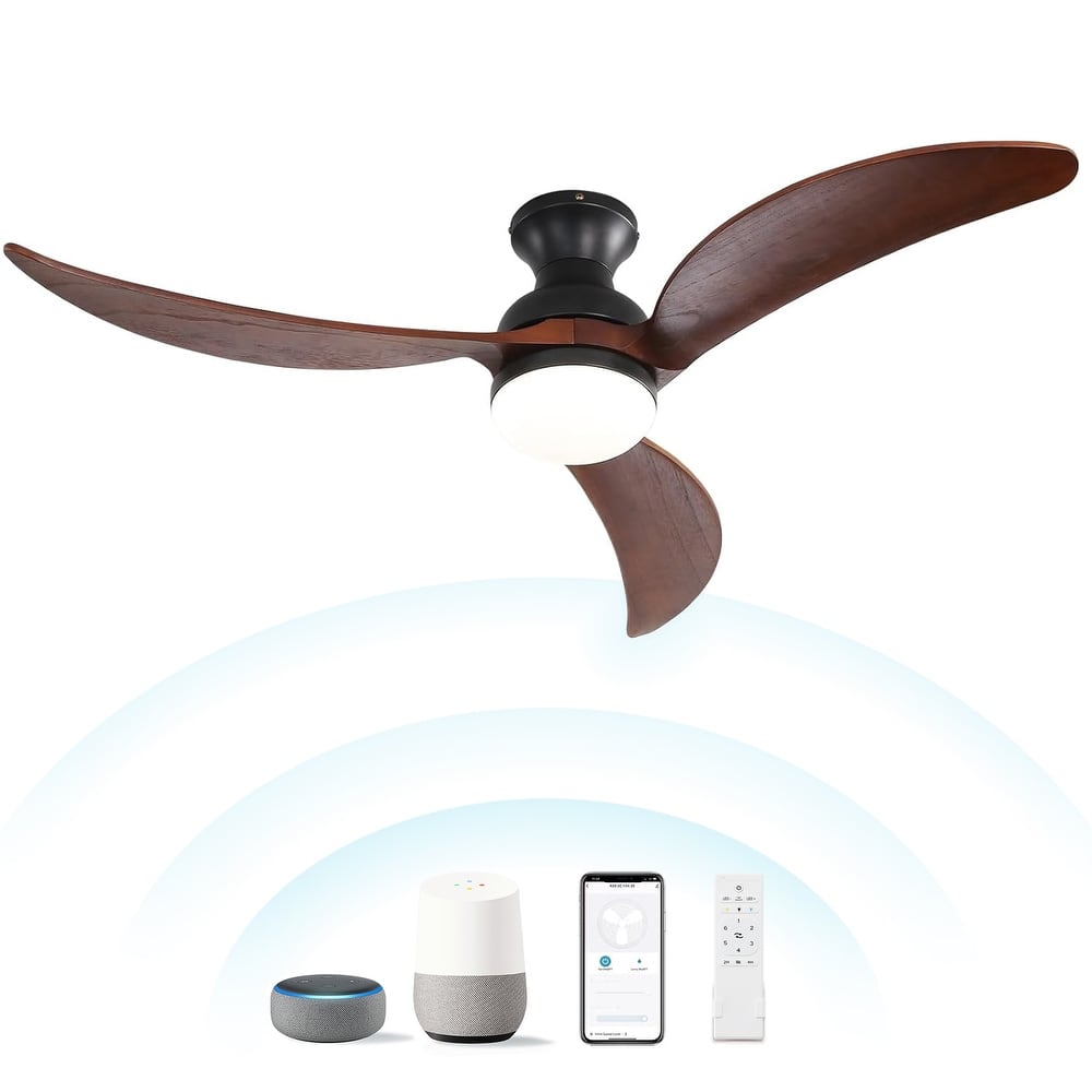 Sofucor 52inch Smart-controlled Flush-mount Ceiling Fan with Streamlined Curved Blades, Remote Control, and Dimmable LED Light