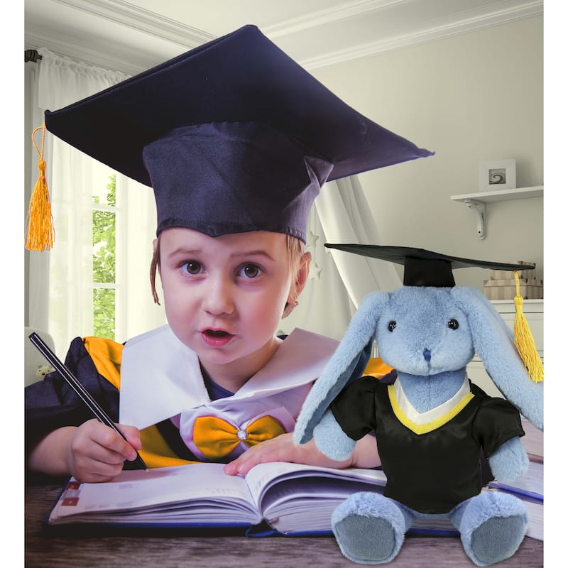 DolliBu Baby Blue Rabbit Graduation Plush Toy with Gown and Cap Outfit - 8 inches