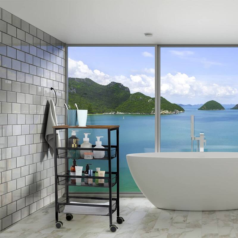 Kitchen Storage Rolling Cart, 4-Tier Kitchen Island Cart on Wheels with Wooden Shelves, Lockable Utility Cart with Mesh Baskets