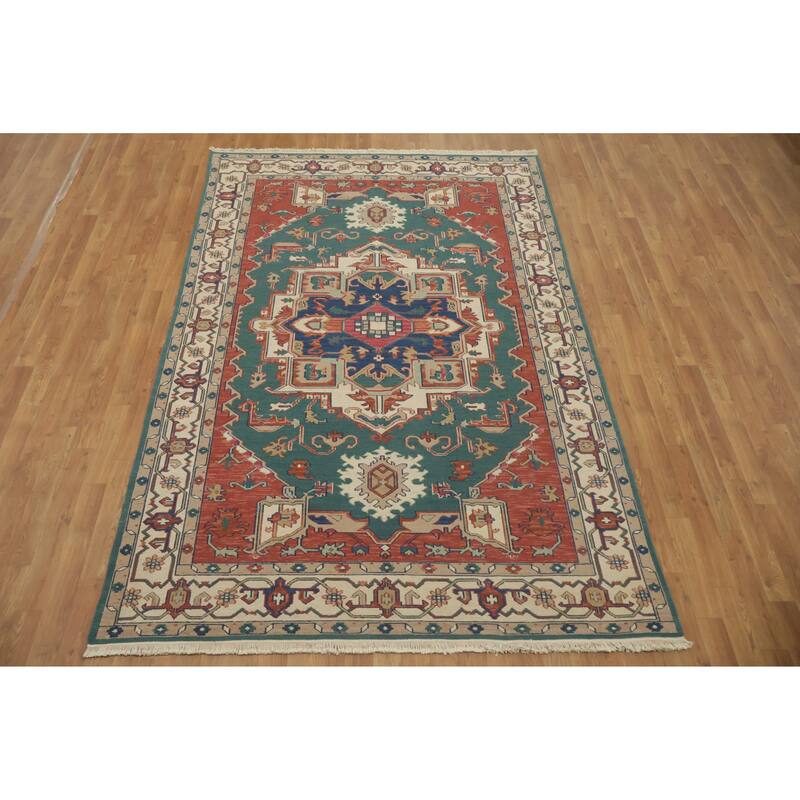 Hand Knotted Oriental 100% Wool Carpet Traditional Geometric Green Heriz (serapi) Area Rug - 8' 9'' X 5' 9''