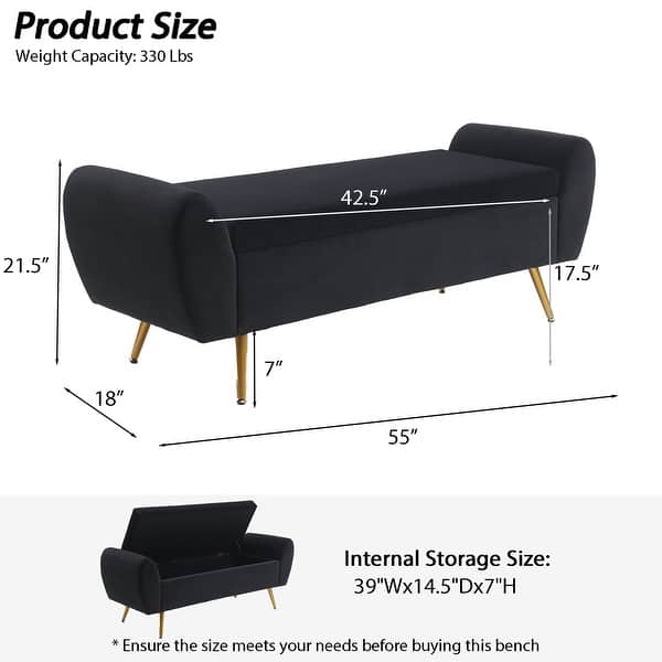 dimension image slide 4 of 20, Upholstered 55"W Flip Top Storage Bench Bedroom Bench Modern End of Bed Bench for Entryway Hallway Window with Gold Legs