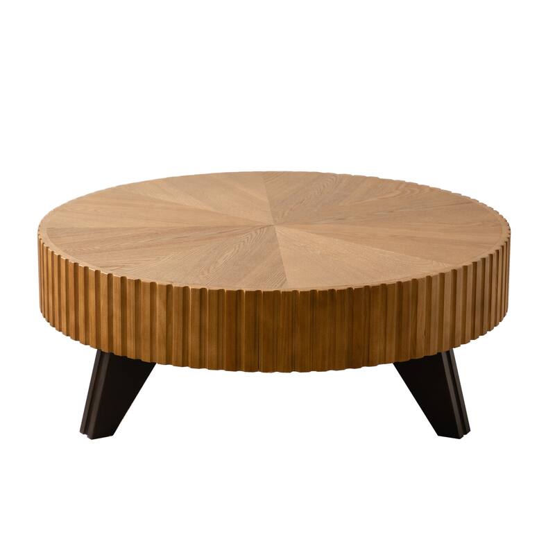 Round Vintage Coffee Table Home Decor Coffee Table with 3 Solid Wood Legs, for Living Room, Natural Color