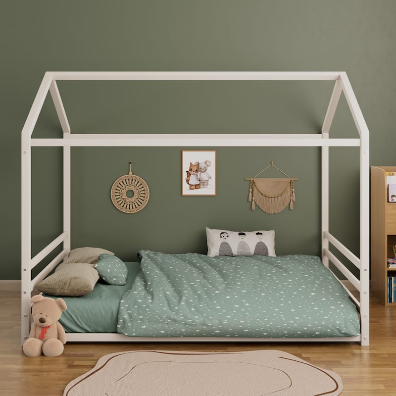 Montessori Style Metal Floor Bed Frame, House Shaped Bed for Kids and Toddlers, No Slats, House Bed