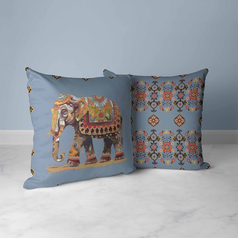 Decorated Elephant Faux Suede Reversible Throw Pillow Blue and Orange