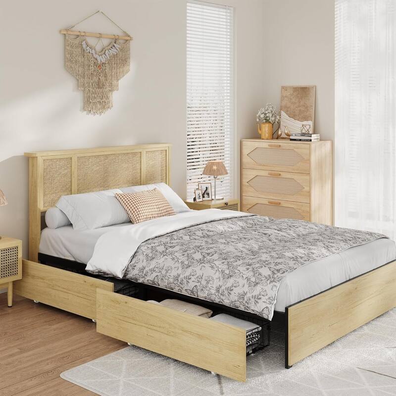 Boho-Style Platform Bed Frame with Natural Rattan Headboard, 4 Drawers, No Box Spring Required - Full