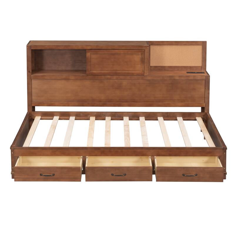 Twin Size Wooden Daybed with 3 Storage Drawers,Upper Soft Board and USB Ports for Bedroom