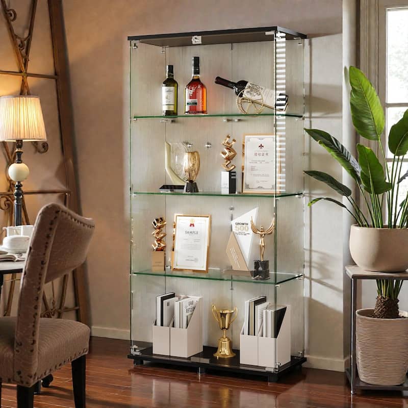 Glass Display Cabinet with Locking Double Doors, 4 Shelf Curio Cabinet, 5mm Tempered Glass Floor Bookcase - Black