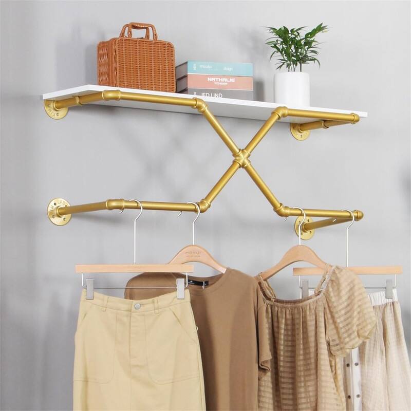 Industrial Pipe Clothing Rack Modern Simple Wall Mounted - 12.2"D x 43.3"W x 15.7"H