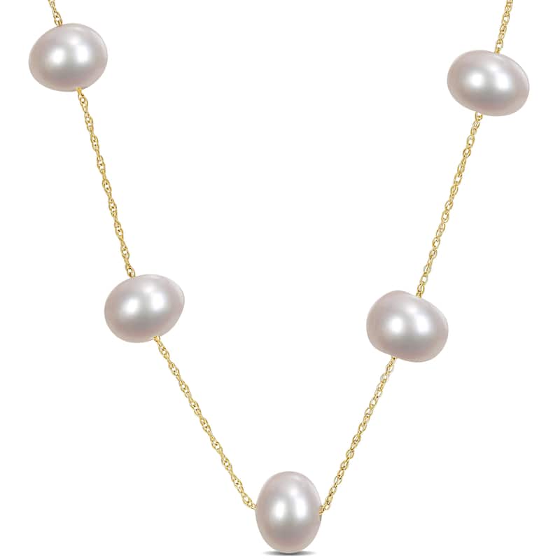 7-8 MM Cultured FW Pearl Tin-Cup Necklace in 10k Yellow Gold by Miadora - 8.7 mm x 17 inch x 7.6 mm - 8.7 mm x 17 inch x 7.6 mm