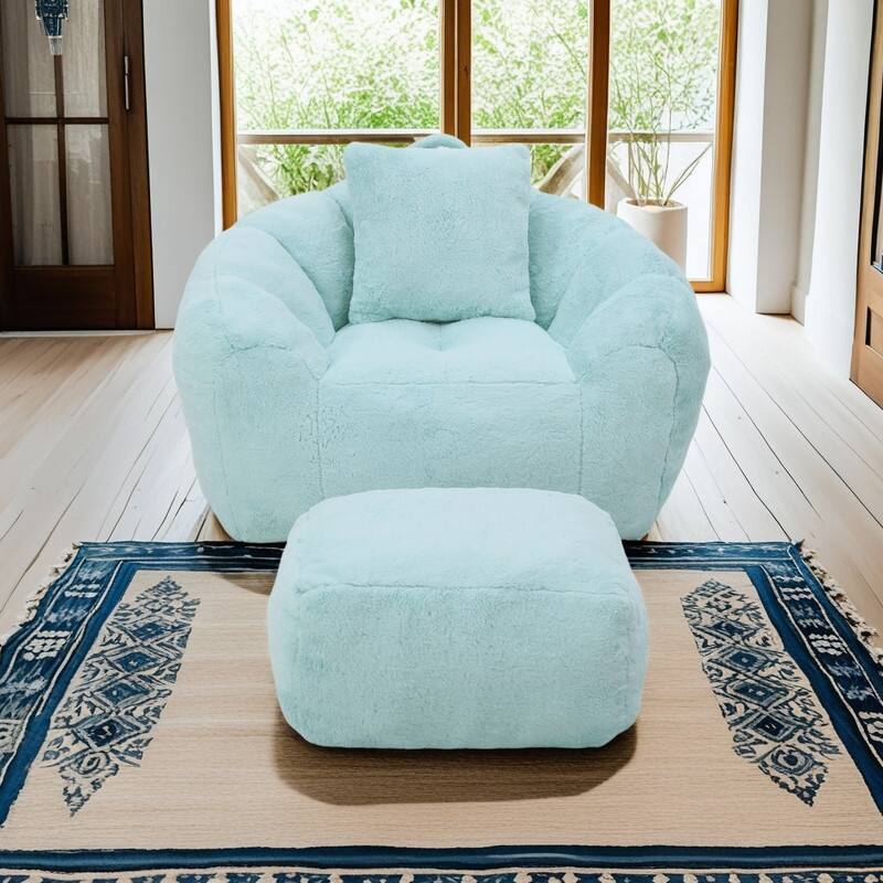 Faux Fur Shell Bean Bag Chair Sets with Footstool and High-Density Foam - Light Blue