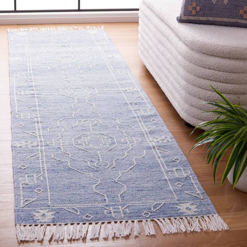 SAFAVIEH Handmade Kilim Kamlesh Moroccan Boho Rug - 2'3" x 9' Runner - Blue/Ivory - Runner