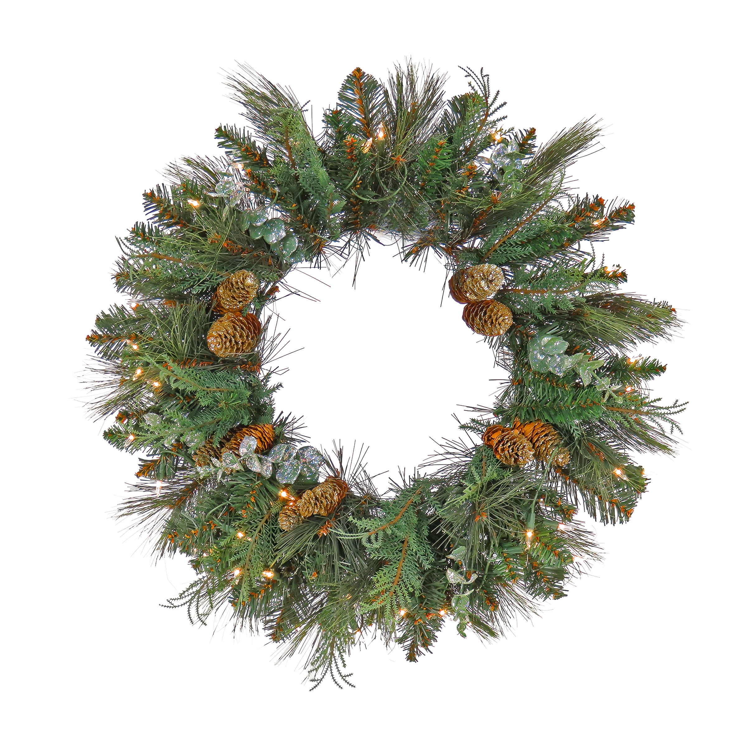 National Tree Company Pre-Lit Artificial North Conway Wreath with Glittery Cones and Eucalyptus, 50 Clear Lights- UL - 2 ft
