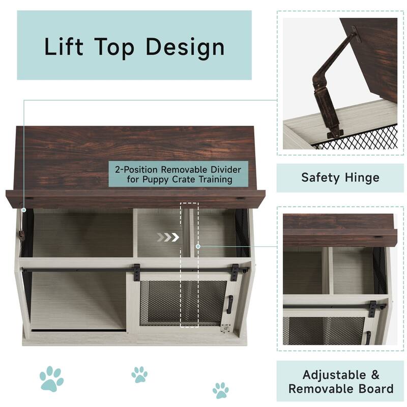 Dog Crate Furniture with Sliding Barn Door,Flip Top Furniture Style Dog Crate End Table with Wheels