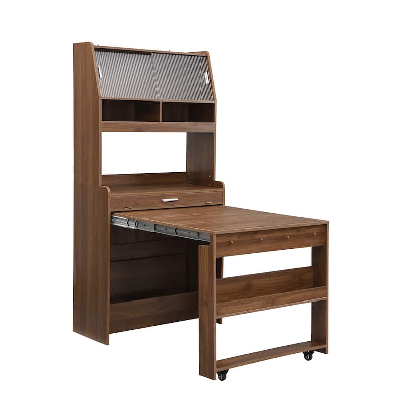 Multifunctional Buffet Hutch and Foldable Dining Table with Storage Unit and Rolling Wheels for Small Spaces