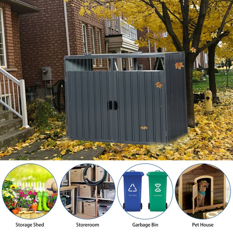 Anmytek Garbage Bin Shed Stores 2 Trash Cans Metal Outdoor Bin Shed for Garbage Storage,Stainless Galvanized Steel, Bin Shed