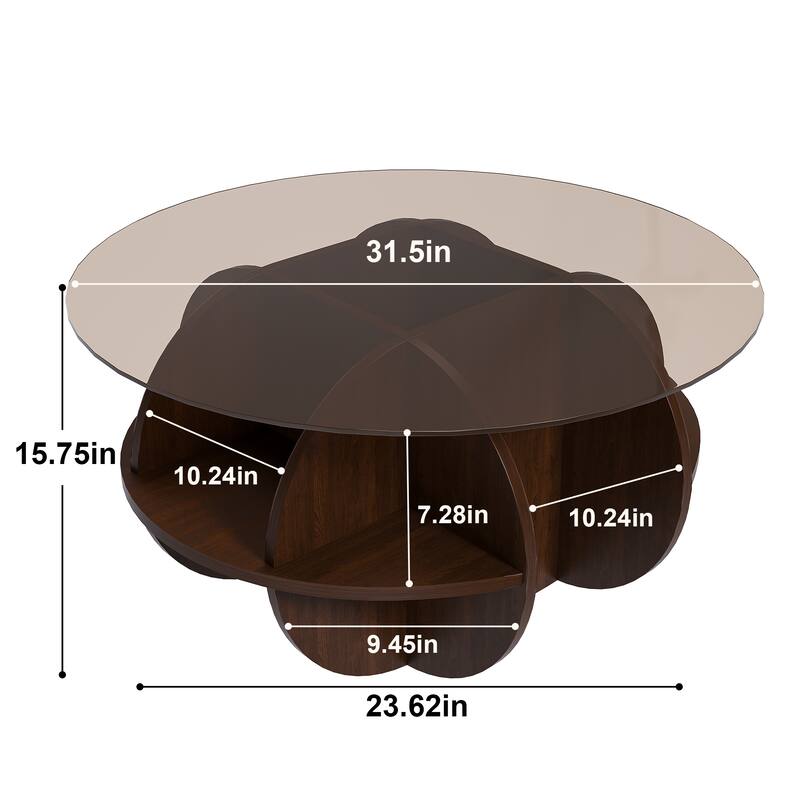 Round Coffee Table with Storage, 31.5 Inch Modern Farmhouse Center Table with Tempered Glass Top and Wooden MDF Frame